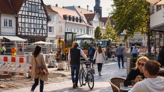 Belebte Fußgängerzone einer deutschen Altstadt mit Fachwerkhäusern, Kirchturm, Baustelle und Passanten an einem sonnigen Tag