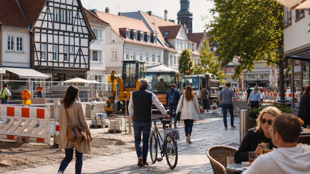 Belebte Fußgängerzone einer deutschen Altstadt mit Fachwerkhäusern, Kirchturm, Baustelle und Passanten an einem sonnigen Tag