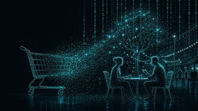 Digitale Illustration: Ein Einkaufswagen löst sich in Datenpartikel auf, die zu zwei an einem Tisch sitzenden Personen und einem Baum aus binären Codes verschmelzen, Sinnbild für datengetriebenes Einkaufsverhalten