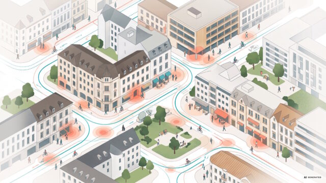 Illustration einer Innenstadt mit Gebäuden, Grünflächen sowie eingezeichneten Fuß- und Radwegen und markierten Aktivitätspunkten entlang der Straßen